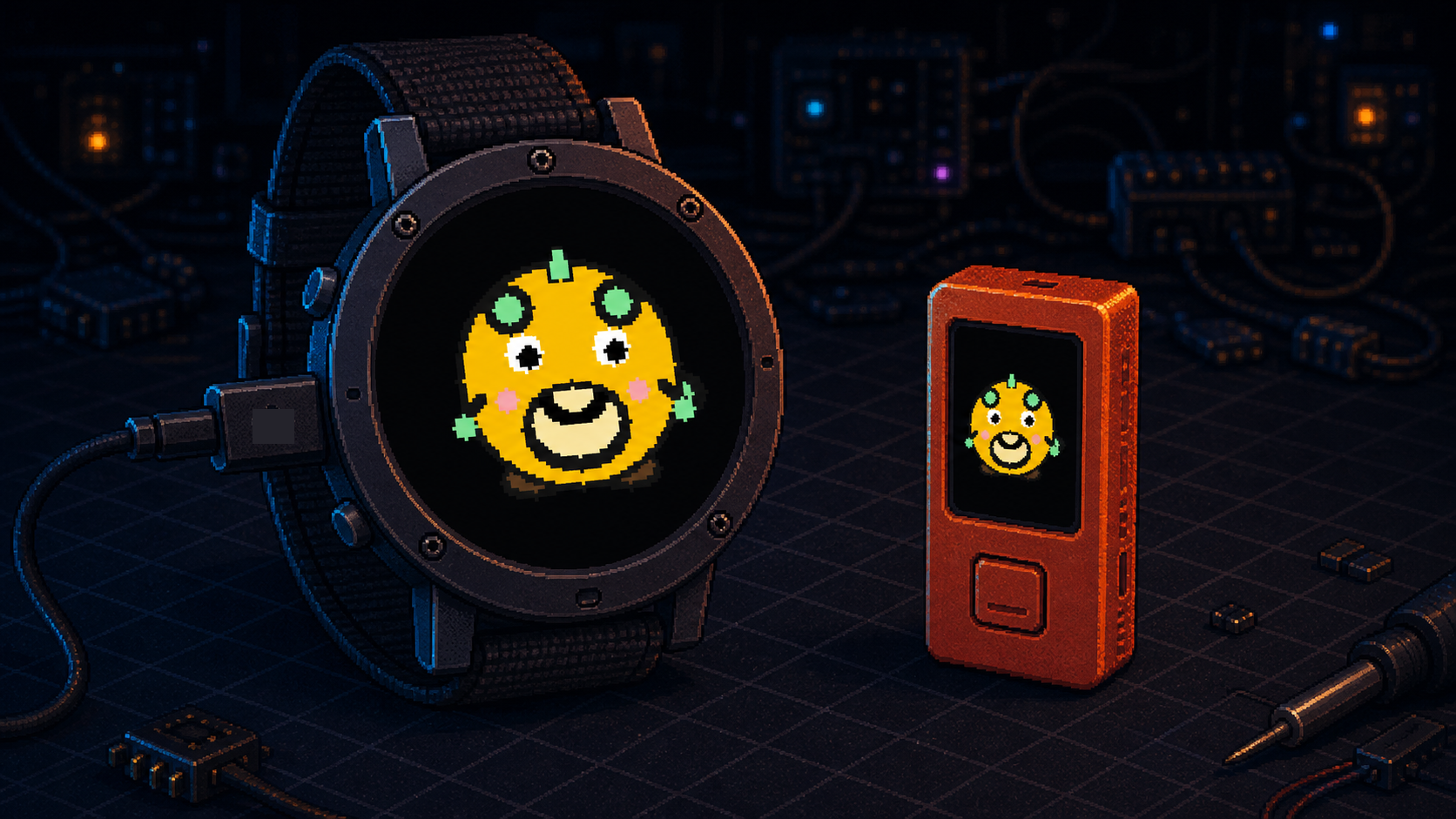 Concept render of TokenGochi shown on a round watch and a compact orange device
